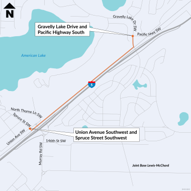 Map showing route of shared use path between Gravelly Lake Drive and Union Avenue Southwest near I-5 and railroad tracks. Joint Base Lewis McCord and American Lake bookend path. North arrow points up. 