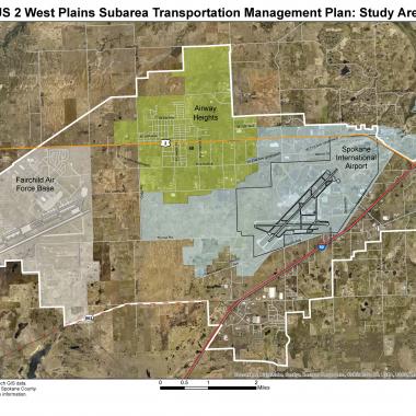 West Plains Subarea Transportation Management Plan Study, Phase 1, US 2 Vicinity, study area map. The study area is almost a lozenge form area that extends from US 2/I-90 intersection and Dorset Rd. east to the Fairchild Air Force Base limits west; North From the city of Airway Heights limits, the railroad, and 12th St. to SR 902 and W Melville Rd., from where, it zigzags north-east all the way to 44th Ave. and Dorset Rd.
