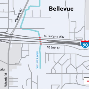 This map shows the locations of the existing fish passages under I-90, Southeast Eastgate Way and Southeast 36th Street.