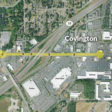 An aerial view of SR 516 through downtown Covington. The study area is highlighted in yellow, with traffic light icons marking the intersections that are the primary focus of the study. The map also labels the area businesses to assist with wayfinding. 