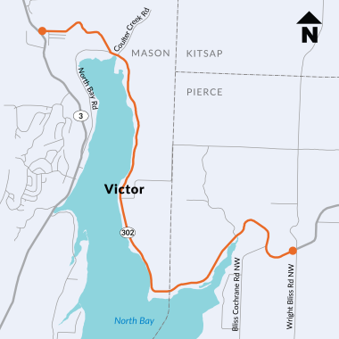 A map of SR 302 showing the corridor between SR 3 and Wright Bliss Road in Mason and Pierce Counties
