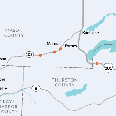 Map of SR 108 in Mason County, US 101 in Thurston and Mason Counties, and SR 8 in Thurston and Grays Harbor Counties. 3 orange dots show work zones on SR 108 and 1 orange dot shows work zone on US 101 near Thurston-Mason County line. 