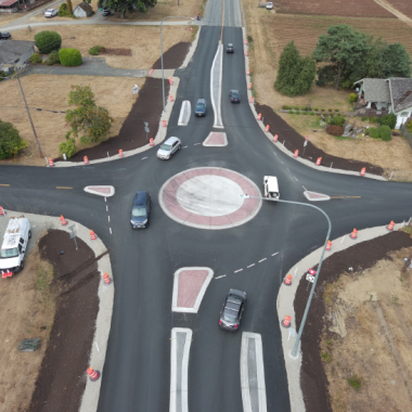An aerial photo of the roundabout at the intersection of SR 530 and 59th