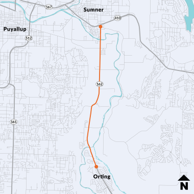 A graphic location map showing the study area of SR 162 from SR 410 in Sumner to Williams Blvd in Orting.