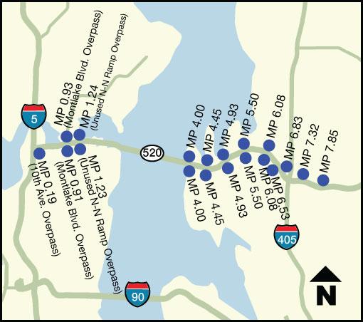 Graphic showing the highway 520 corridor from Seattle to Bellevue with ATDM gantries identified.