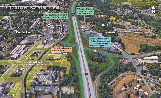 This visualization shows a new Veterans Drive and SR 516 interchange along with wider sidewalks and shared-use path along SR 516