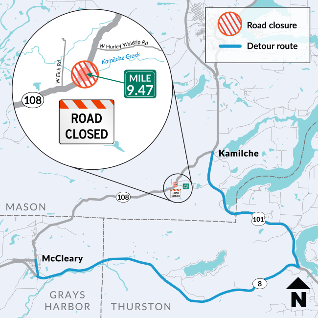 Map of SR 108 with road closed at milepost 9.47 near West Hurley Waldrip Road and blue line showing detour around US 101 and SR 8 in Thurston County. 