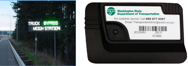 A collage of two images. The image on the left is a bypass weigh station sign on the side of a roadway with the word bypass highlighted in green, indicating that a vehicle can bypass the weigh station. the image on the right is a WSDOT transponder.