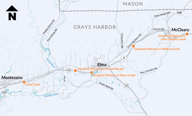 View full image of map showing Grays Harbor County fish passage locations on US 12 and SR 8 between Montesano and the county line east of McCleary.