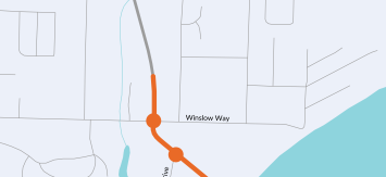 Map of State Route 305 between Poulsbo and Bainbridge Island. An orange line depicts where the right lane of southbound State Route 305 will be restricted to vehicle ferry traffic.