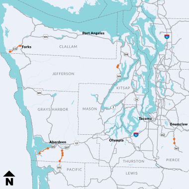 A map of the Olympic Peninsula region where the chip seal projects will take place. Highlighted project areas on the map include SR 110 near Forks, SR 105 and US 101 near Aberdeen, US 101 in Jefferson County, and SR 165 in Pierce County. 