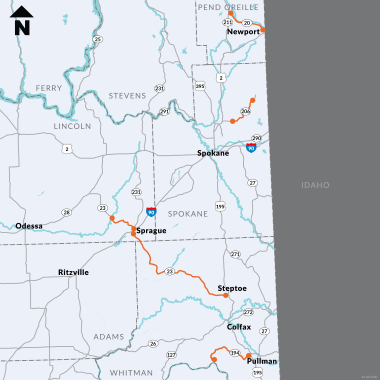 Map of Eastern Washington with orange lines on the five chip seal routes included in this project. 