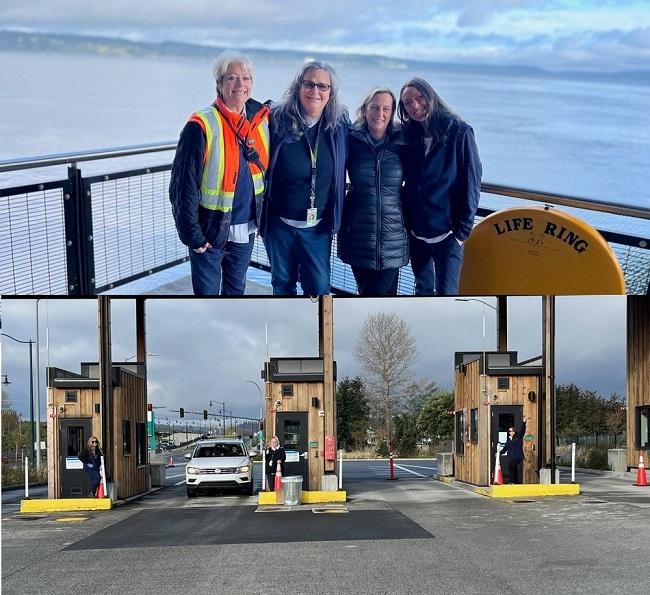 Four people posing for a photo overlooking Puget Sound on top and three people standing in front terminal tollbooths
