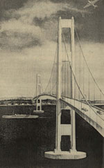 Artist's sketch of 1940 Narrows Bridge with toll plaza WSDOT