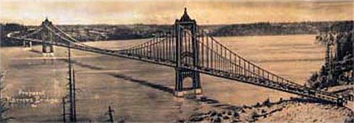 This 1929 photo by M.D. Boland has a superimposed sketch of the proposed Narrows bridge by David B. Steinman. GHPHSM