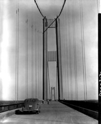 Car drives on nearly finished 1940 bridge, late June 1940 TPL 6209