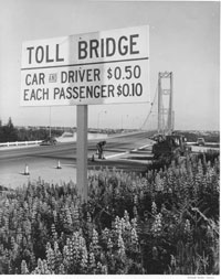 Toll sign, approaching from Gig Harbor side, May 1957 TPL 6047