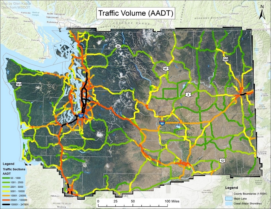Approximate traffic volume (Annual Average Daily Traffic) of Washington state highways in 2023