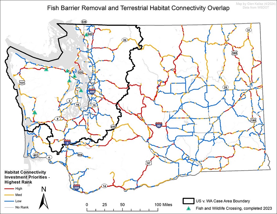 Map showing eight fish barrier removal projects that met or exceeded the minimum recommendations to accommodate terrestrial wildlife passage. 