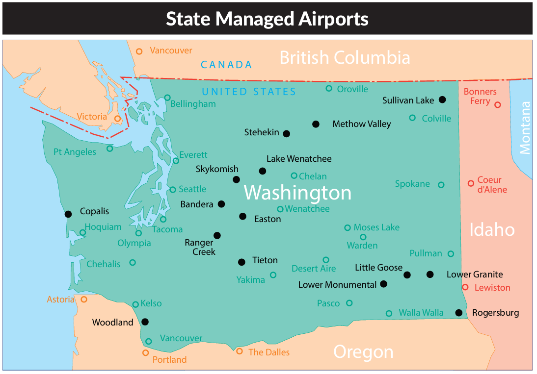 WSDOT managed general aviation airports map image