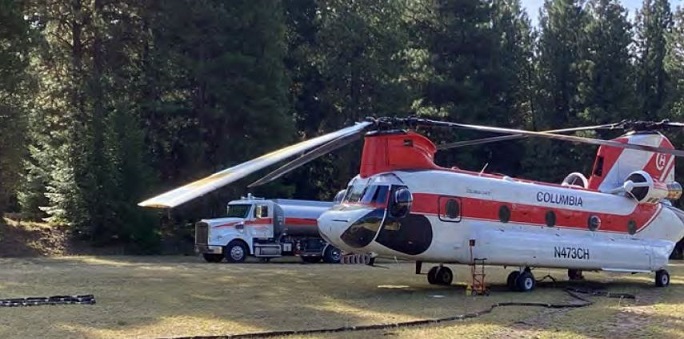Columbia Helicopters of Aurora, Oregon stages their CH-47D Chinook and Fuel Tanker Truck at the Tieton State Airport
