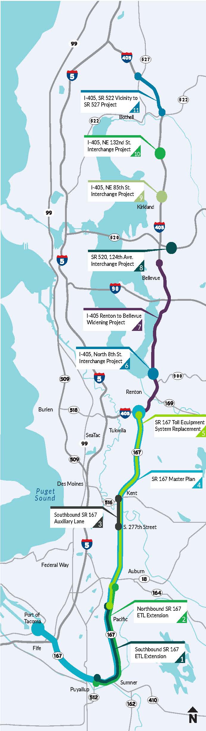 Map showing the projects that make up the I-405/SR 167 Corridor Program.