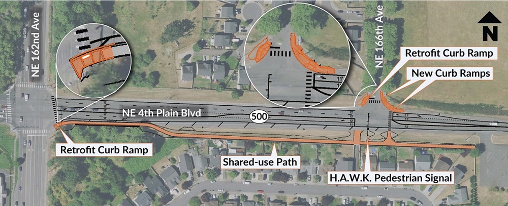 Image shows SR 500 between 162nd and 166th Ave where a HAWK signal, ADA curb ramps and marked crossing will be installed as part of the Safe Routes to School program