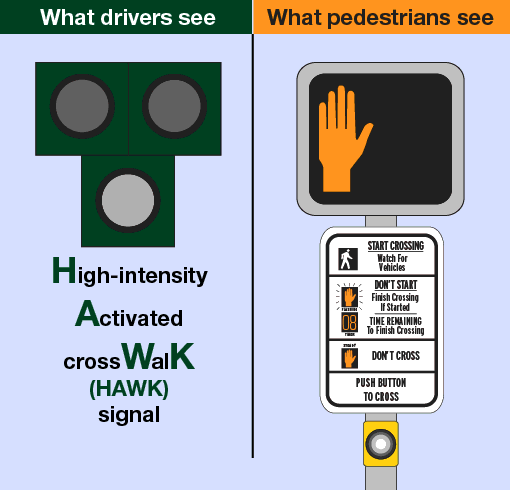 Image shows visual aid of how a HAWK pedestrian signal operates.
