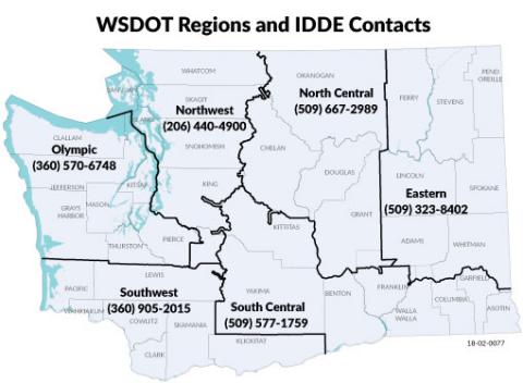 WSDOT Regions and illicit discharge detection and elimination contacts map.