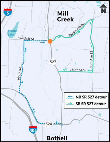 A map showing detours that will be in place during the two weekend closures of SR 527. 