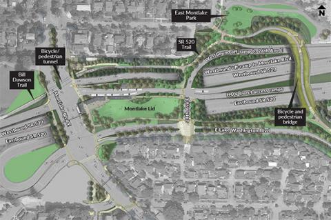 A graphic of a highway through a residential neighborhood. A portion of the highway is covered by green space which is labeled montlake lid. There are other project elements in the area that are labeled.