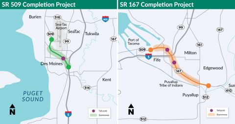 There will be one electronic toll point on the SR 509 Expressway in SeaTac and two toll points on the SR 167 Expressway - one between I-5 and the Port of Tacoma and another between Puyallup and I-5