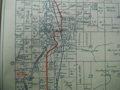 ​​​​Kroll’s 1914 map showing the predecessor road to SR 9 prior to its realignment south of Van Zandt, marked in red.
