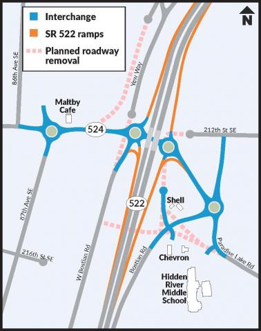 This map of the SR 522 intersection at Paradise Lake Road shows roundabouts and new roadways as the preliminary preferred alternative