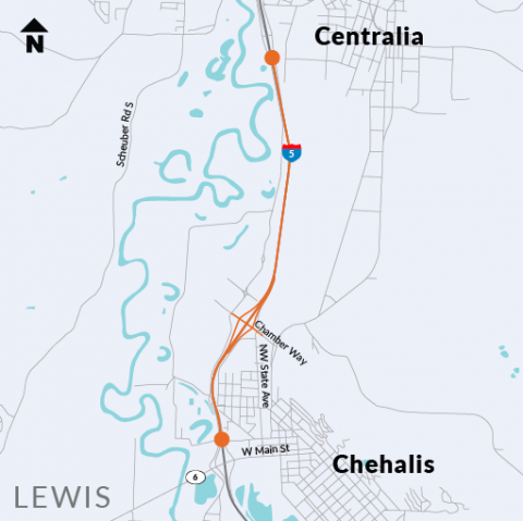 I-5 - Chamber Way - Stage 2 - project location map - between Centralia and Chehalis, in Lewis County WA