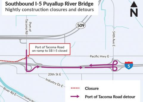 Detour map for Port of Tacoma Road onramp to southbound I-5