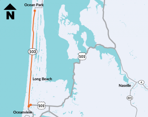 Project map of SR 103 and US 101 with highlighted section where WSDOT will complete construction