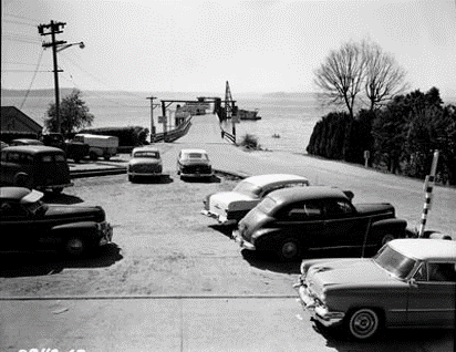 Black and white photos of cars parked at the Fauntleroy Terminal in the 1950s