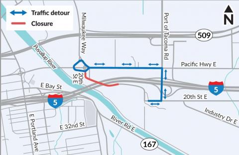20th Street East in Fife detour map with newly updated Port of Tacoma Road interchange design.