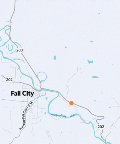 This map shows the location of the culvert on SR 202 that carries Skunk Creek and an unnamed creek tributary to the Snoqualmie River near Fall City.