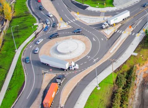 Aerial image of a multilane 3-legged roundabout with slip lanes.
