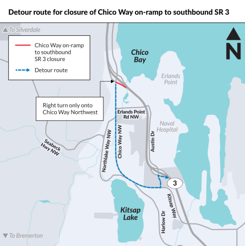 Detour route for closure of Chico Way on-ramp to SR 3. Map showing travelers detouring via southbound Chico Way to SR 3 Austin Drive. No left turn onto Chico Way Northwest from southbound SR 3 exit to Chico Way.