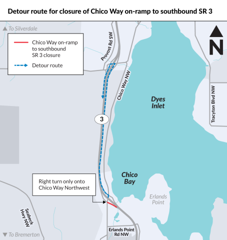Detour route for closure of Chico Way on-ramp to southbound SR 3. Map showing Chico Creek and SR 3 interchange. Travelers will detour via northbound SR 3 and return via exit 43 Newberry Hill Road and return via southbound SR 3. Southbound exit to Chico Way Northwest is a right turn only onto Chico Way