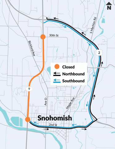 Map showing detour for all traffic passing through Snohomish during extended weekend closure of SR 9 near Bickford Avenue.