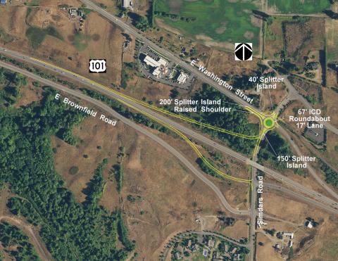 A conceptual drawing of new ramps at US 101 and Simdars Road with a roundabout in Sequim, WA
