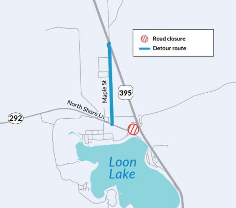 Detour map for construction of compact roundabout at the intersection of US 395 and SR 292 in Loon Lake. Access to US 395 at SR 292 will be closed for the majority of the 15-day project. Detours are in place to access US 395 via Maple Street. 