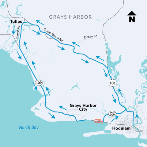 A map with a blue line and arrows showing the detour route for the SR 109 closure from Grays Harbor City to Hoquiam. The blue line and arrows direct travelers to follow SR 109 to Powell Road, Ocean Beach Road and US 101 to get to Hoquiam.