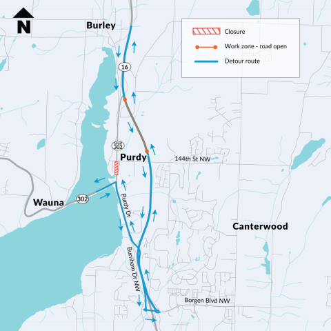 A map of Purdy showing freight detour route for the SR 302 Spur closure via SR 16 and Burnham Drive NW.