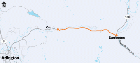 A graphic map of State Route 530 between Oso and Darrington displaying the paving route in orange.