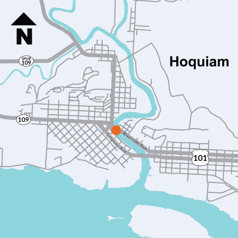 Map of US 101 through Hoquiam with an orange dot on the Riverside Bridge where the work will take place